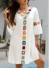 Patchwork White V Neck Cover Up