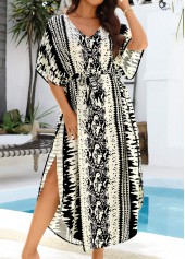 Curved Hem Belted Tie Dye Print Black Cover Up | thumb picture 