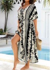 Curved Hem Belted Tie Dye Print Black Cover Up | thumb picture 