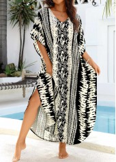 Curved Hem Belted Tie Dye Print Black Cover Up