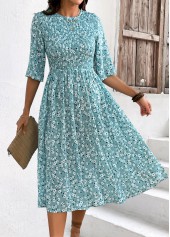 Blue Smocked Ditsy Floral Print Half Sleeve Dress | thumb picture 