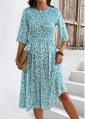 Blue Smocked Ditsy Floral Print Half Sleeve Dress | thumb picture 