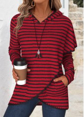 Wine Red Tummy Coverage Striped Long Sleeve Hoodie