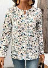Multi Color Cut Out Floral Print Long Sleeve Blouse | thumb picture 