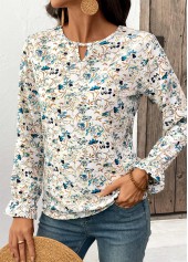 Multi Color Cut Out Floral Print Long Sleeve Blouse