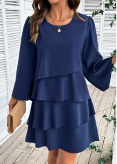 Navy Tummy Coverage Bracelet Sleeve Round Neck Dress