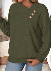 Olive Green Button Long Sleeve Asymmetrical Neck Sweatshirt | thumb picture 