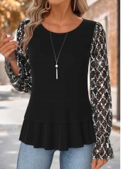 Black Tummy Coverage Long Sleeve Round Neck Blouse