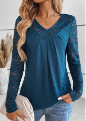 Peacock Blue Patchwork Long Sleeve V Neck T Shirt