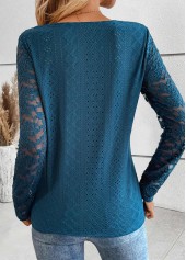 Peacock Blue Patchwork Long Sleeve V Neck T Shirt | thumb picture 