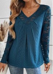 Peacock Blue Patchwork Long Sleeve V Neck T Shirt | thumb picture 