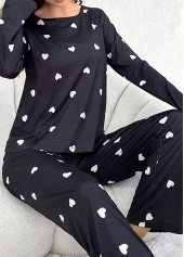 Black Heart Print Long Sleeve Lounge Top and Pants