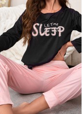 Black Letter Print Long Sleeve Lounge Top and Pants