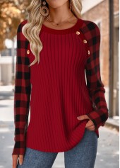 Wine Red Tummy Coverage Plaid Long Sleeve T Shirt