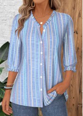 Dusty Blue Tummy Coverage Multi Stripe Print Blouse