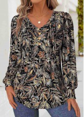 Black Tummy Coverage Floral Print Long Sleeve T Shirt