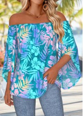 Sky Blue Tummy Coverage Tropical Plants Print Blouse