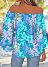 Sky Blue Tummy Coverage Tropical Plants Print Blouse | thumb picture 