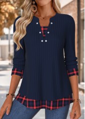 Navy Tummy Coverage Plaid 3/4 Sleeve Split Neck Blouse