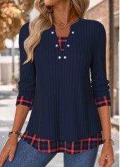 Navy Tummy Coverage Plaid 3/4 Sleeve Split Neck Blouse | thumb picture 