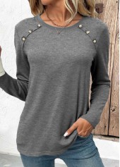 Grey Button Long Sleeve Round Neck T Shirt