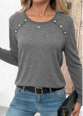 Grey Button Long Sleeve Round Neck T Shirt | thumb picture 
