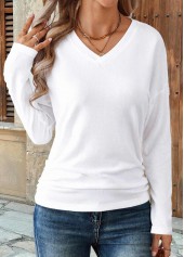 White Shirred Long Sleeve V Neck T Shirt | thumb picture 
