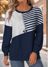 Navy Tummy Coverage Striped Long Sleeve Round Neck Sweatshirt