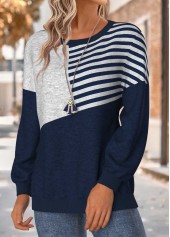 Navy Tummy Coverage Striped Long Sleeve Round Neck Sweatshirt | thumb picture 