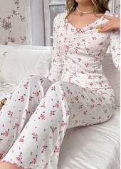 White Ditsy Floral Print Lounge Top and Pants