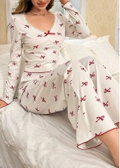 White Long Sleeve V Neck Lounge Top and Pants | thumb picture 