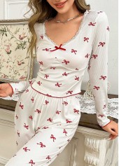 White Long Sleeve V Neck Lounge Top and Pants | thumb picture 