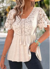 Beige Peplum Short Sleeve V Neck T Shirt | thumb picture 
