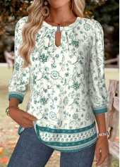 Turquoise Tummy Coverage Floral Print 3/4 Sleeve T Shirt
