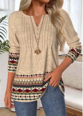 Light Camel Tummy Coverage Tribal Print T Shirt