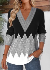 Grey Tummy Coverage Geometric Print Long Sleeve T Shirt