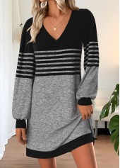 Grey Tummy Coverage Striped Short Long Sleeve Dress