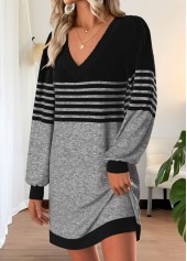 Grey Tummy Coverage Striped Short Long Sleeve Dress | thumb picture 