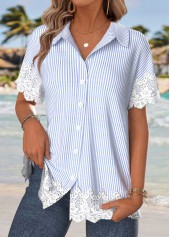 Light Blue Tummy Coverage Striped Short Sleeve Shirt