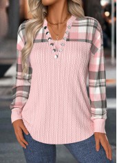 Light Pink Tummy Coverage Plaid Long Sleeve Sweatshirt