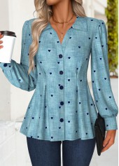 Denim Blue Peplum Denim-effect Print Long Sleeve Shirt