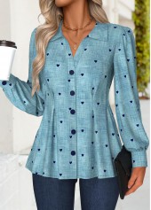 Denim Blue Peplum Denim-effect Print Long Sleeve Shirt | thumb picture 