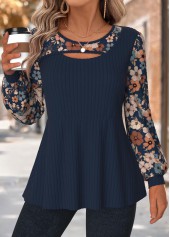 Navy Tummy Coverage Floral Print Long Sleeve T Shirt