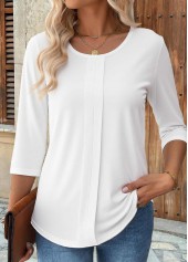 White Curved Hem 3/4 Sleeve Round Neck T Shirt