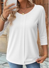 White Curved Hem 3/4 Sleeve Round Neck T Shirt | thumb picture 