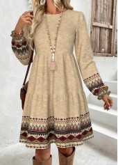 Light Camel Tummy Coverage Tribal Print Long Sleeve Dress