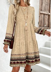 Light Camel Tummy Coverage Tribal Print Long Sleeve Dress | thumb picture 