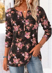Black Tummy Coverage Floral Print Long Sleeve T Shirt