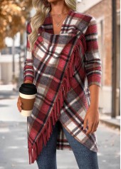Red Tummy Coverage Plaid Long Sleeve Draped Neck Coat | thumb picture 