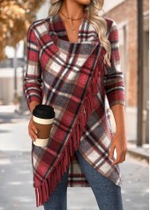 Red Tummy Coverage Plaid Long Sleeve Draped Neck Coat